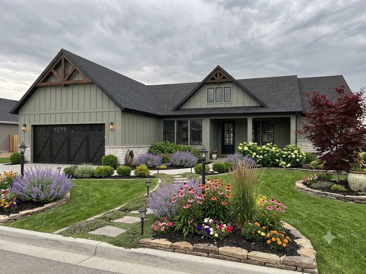 Old Sorrel Phase 5 home exterior — sage green board-and-batten siding with stone accents and landscaped flower beds